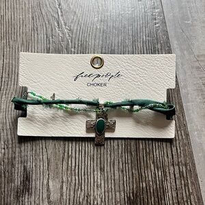 Free People Emerald Green Choker with Silver Cross Pendant